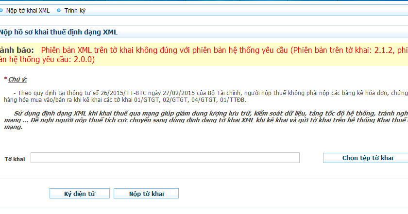 Phiên bản XML trên tờ khai không đúng với phiên bản hệ thống yêu cầu