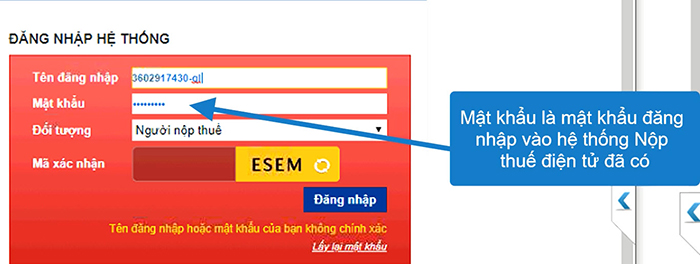 Người nộp thuế đăng nhập vào hệ thống báo sai mật khẩu
