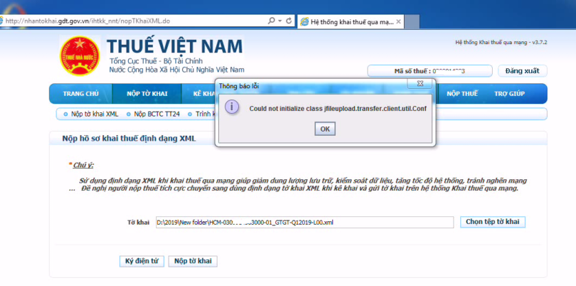 Cách sửa lỗi could not initialize class jfileupload.transfer.client.util.conf khi nộp tờ khai