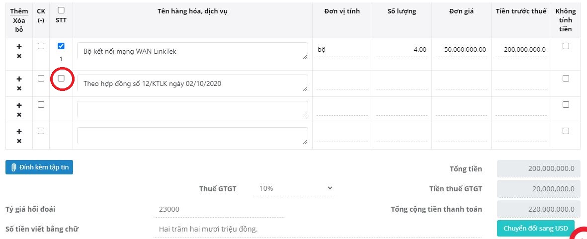 Điều khiển việc đánh số thứ tự các dòng thông tin trên hóa đơn