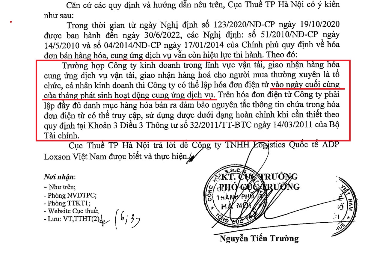 Lập hóa đơn đối với dịch vụ vận tải, giao nhận hàng hóa