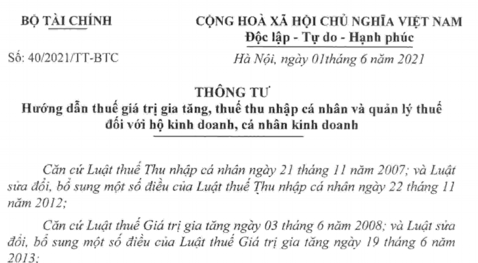 Thông tư số 40/2021/TT-BTC hướng dẫn về thuế