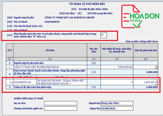 Hướng dẫn kê khai Lệ phí môn bài cho chi nhánh công ty