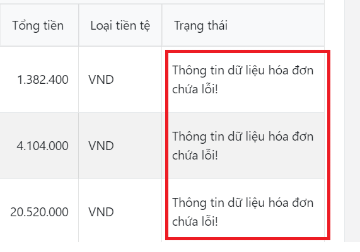  Xử lý thế nào khi thấy trạng thái hóa đơn là: Thông tin dữ liệu hóa đơn chứa lỗi!