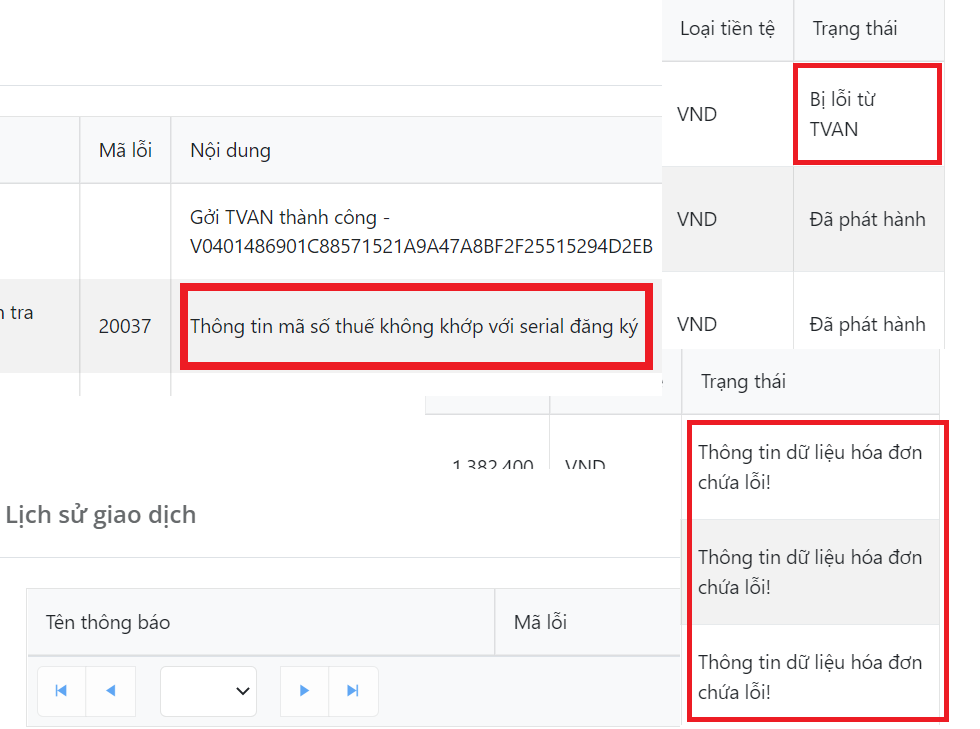Thông tin dữ liệu hóa đơn chứa lỗi! hoặc Bị lỗi từ TVAN
