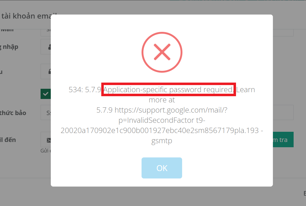Application-specific password required: Lỗi báo khi thực hiện kết nối Gmail server để gửi thư bằng một ứng dụng thứ 3
