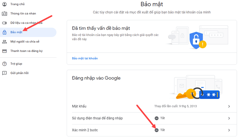 Bật tính năng xác minh 2 bước cho tài khoản Gmail.