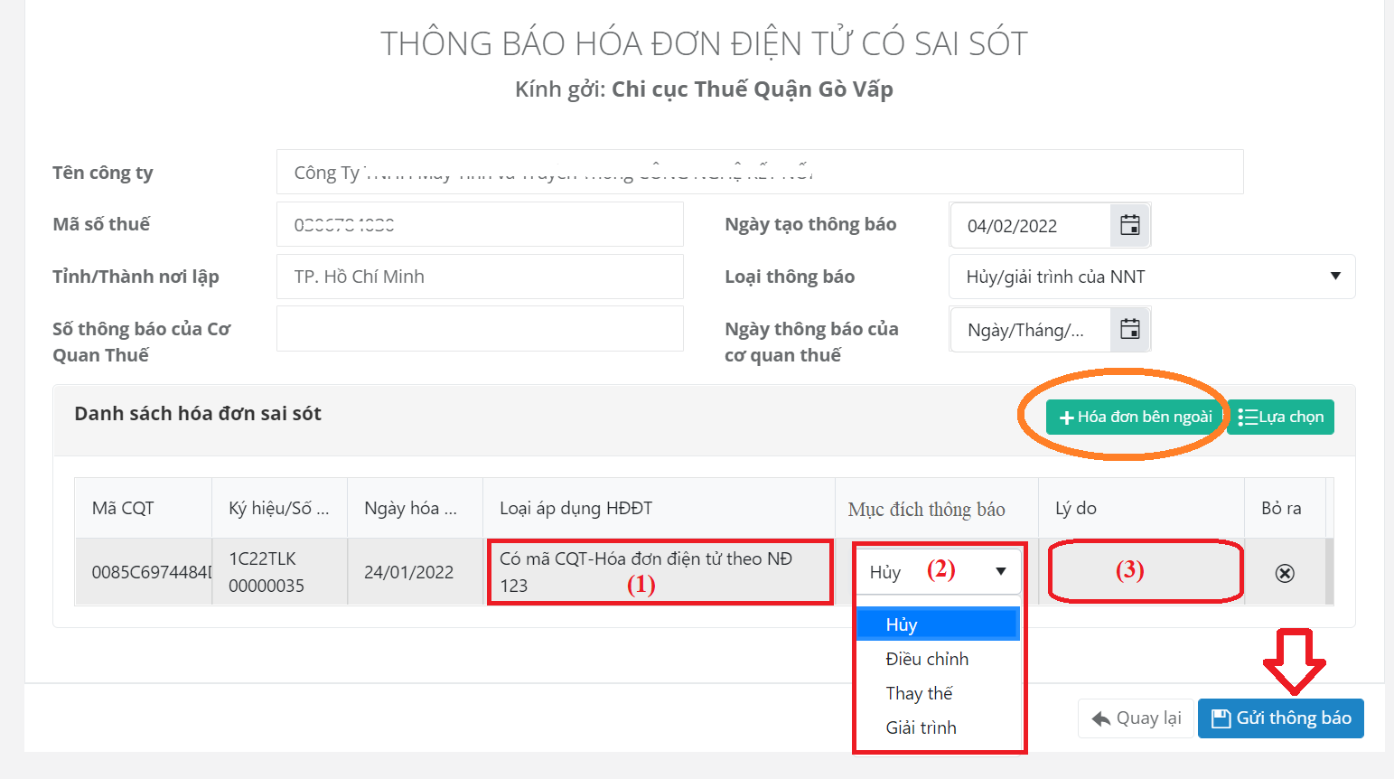 2 cách gửi thông báo sai sót của các hóa đơn đến cơ quan thuế